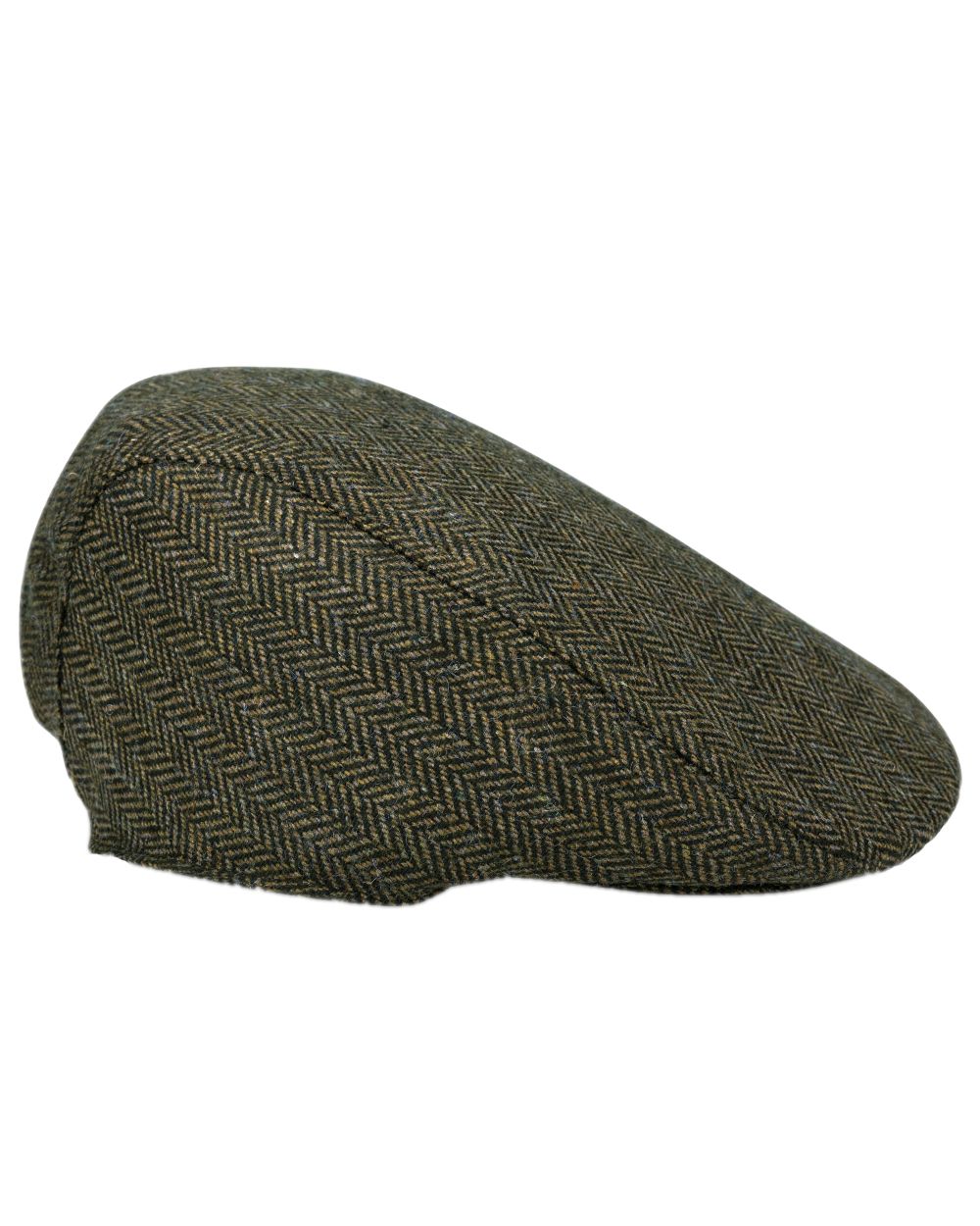 Green Coloured Hoggs of Fife Herringbone Waterproof Tweed Flat Cap on white background 