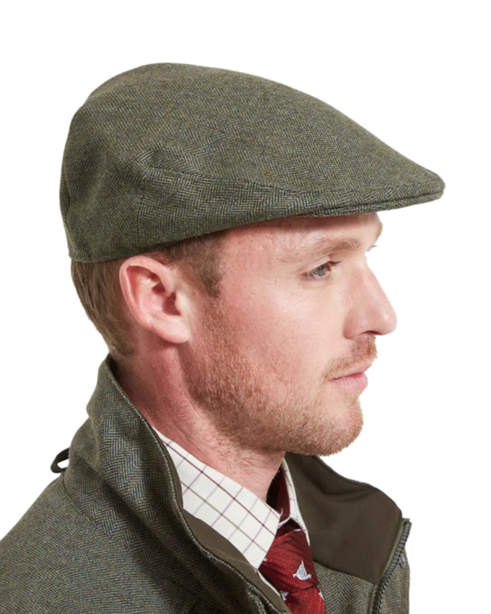 Green Coloured Hoggs of Fife Herringbone Waterproof Tweed Flat Cap on white background 