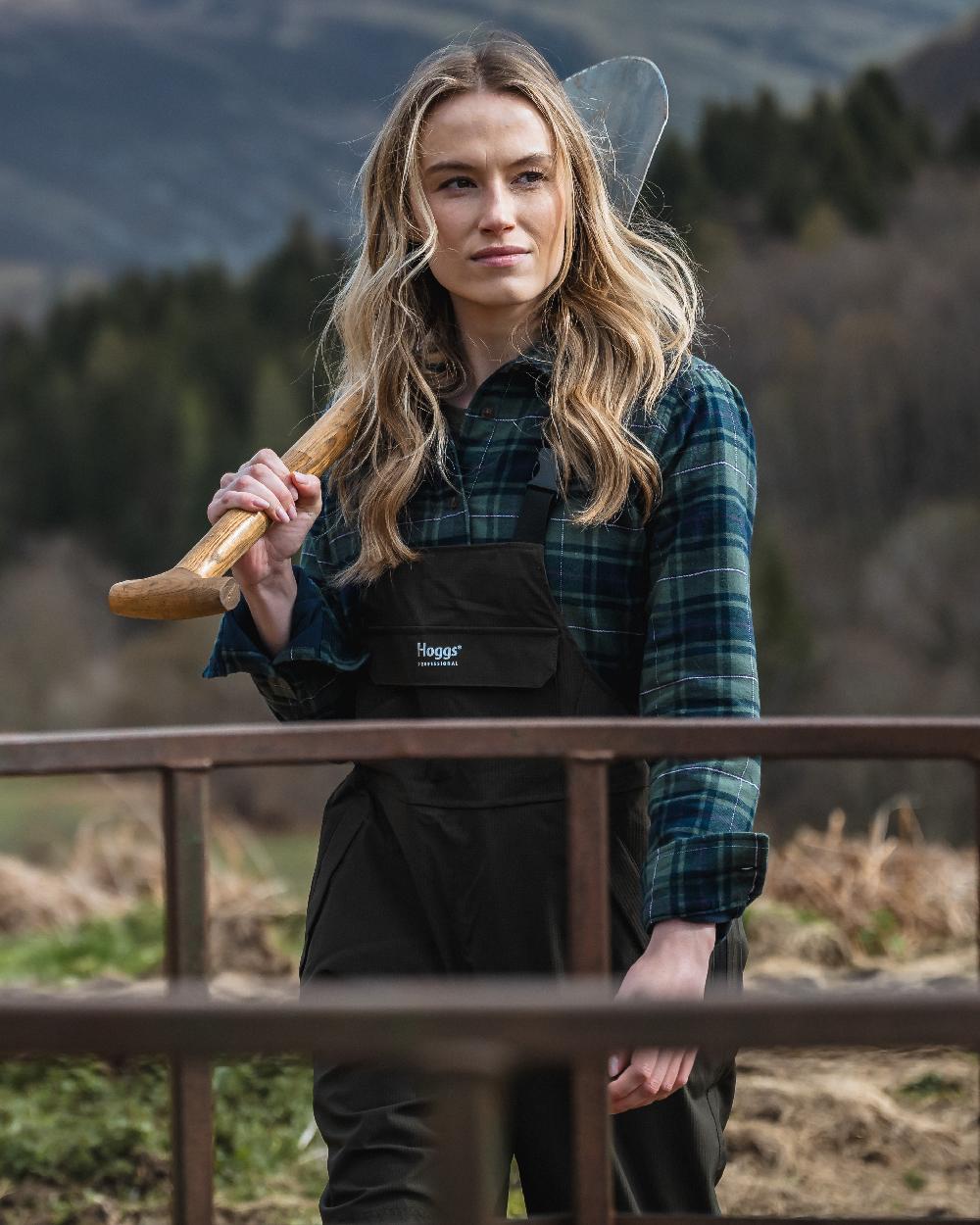 Green Navy Burgundy Coloured Hoggs of Fife Hogg Tartan Womens Shacket on outdoor background 