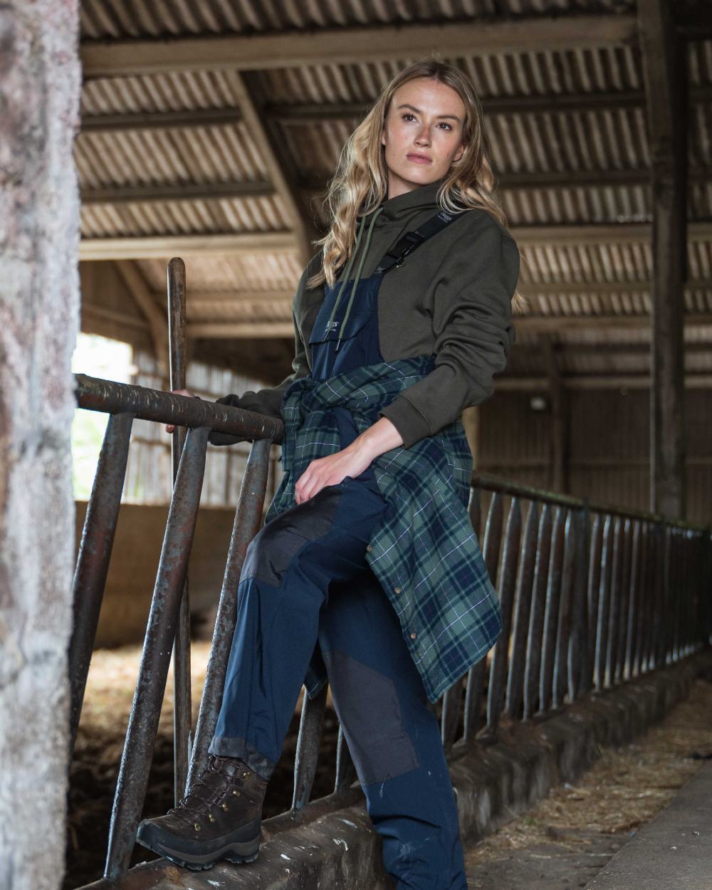 Green Navy Burgundy Coloured Hoggs of Fife Hogg Tartan Womens Shacket on outdoor background 