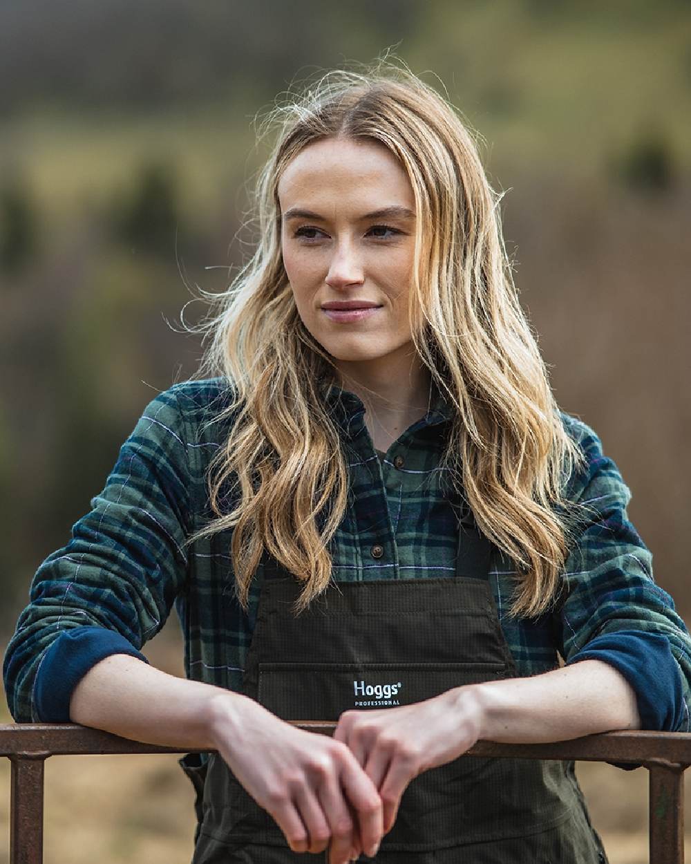 Green Navy Burgundy Coloured Hoggs of Fife Hogg Tartan Womens Shacket on blurry background 