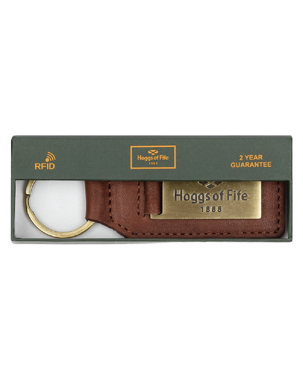 Conker Coloured Hoggs of Fife Hoggs Branded Keyring on white background 