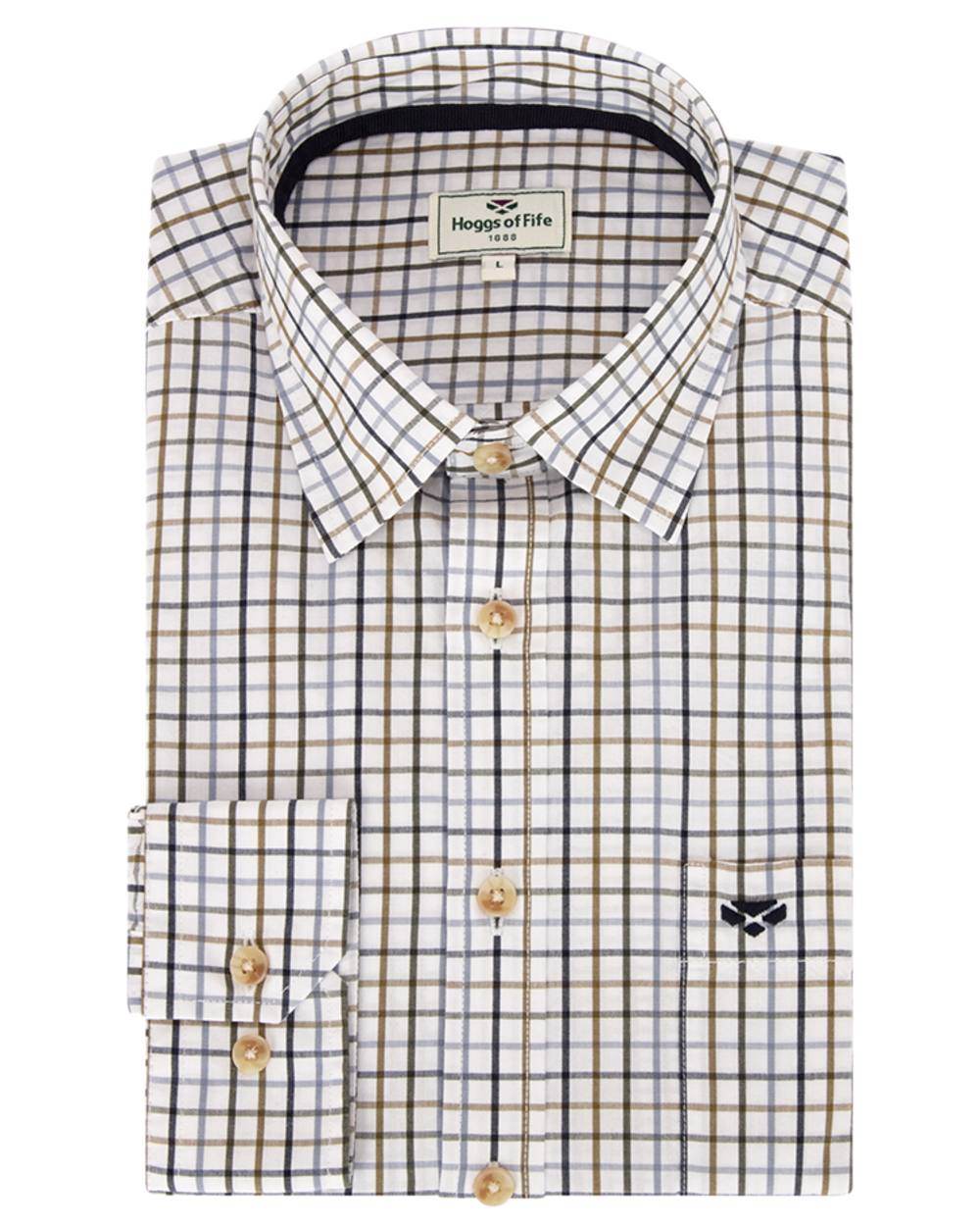 Navy Blue Brown White Coloured Hoggs of Fife Inverness Pure Cotton Tattersall Shirt on white background 