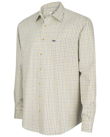 Navy Olive Coloured Hoggs of Fife Inverness Pure Cotton Tattersall Shirt on white background 