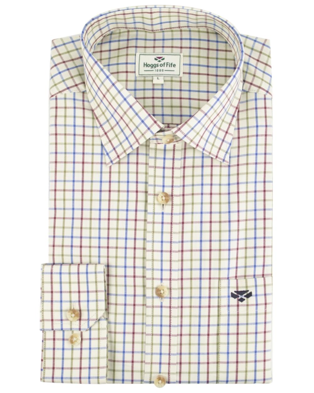 Wine Blue Green Coloured Hoggs of Fife Inverness Pure Cotton Tattersall Shirt on white background 