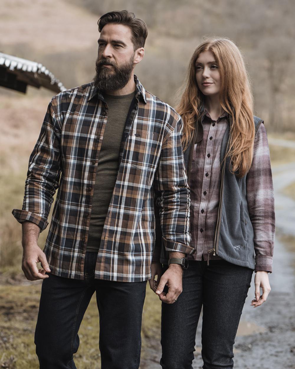 Burgundy Coloured Hoggs of Fife Isla Flannel Check Shirt on blurry background 