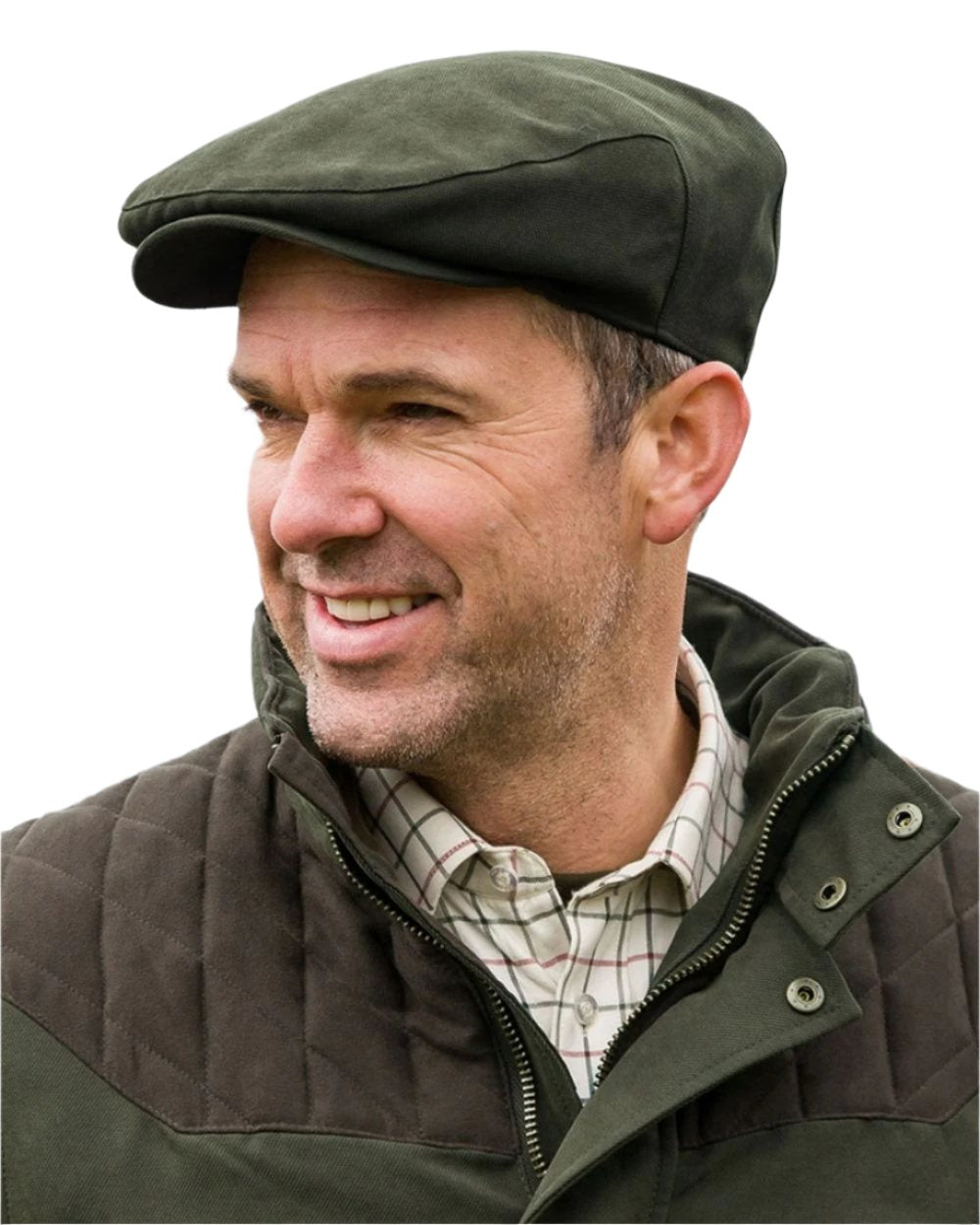 Olive Green Coloured Hoggs of Fife Kincraig Waterproof Tweed Flat Cap on white background 