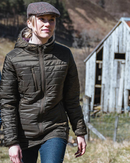 Olive Merlot coloured Hoggs of Fife Kingston Ladies Hooded Jacket on countryside background 