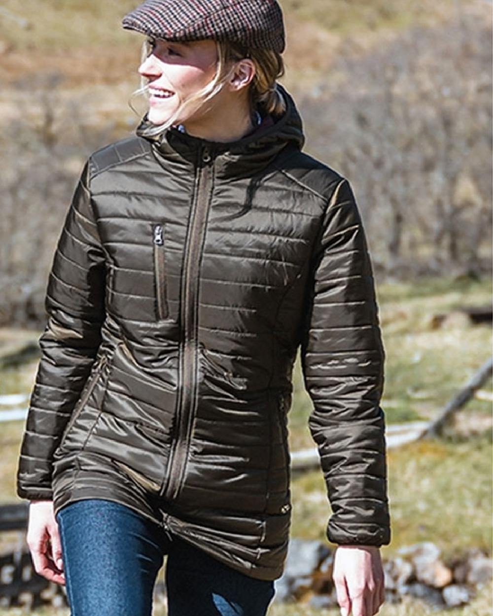 Olive Merlot coloured Hoggs of Fife Kingston Ladies Hooded Jacket on countryside background 