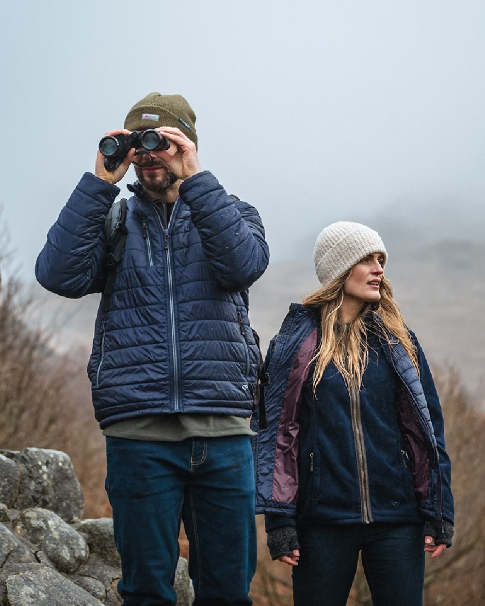 Navy Merlot Coloured Hoggs of Fife Kingston Lightweight Quilted Jacket on sky background 