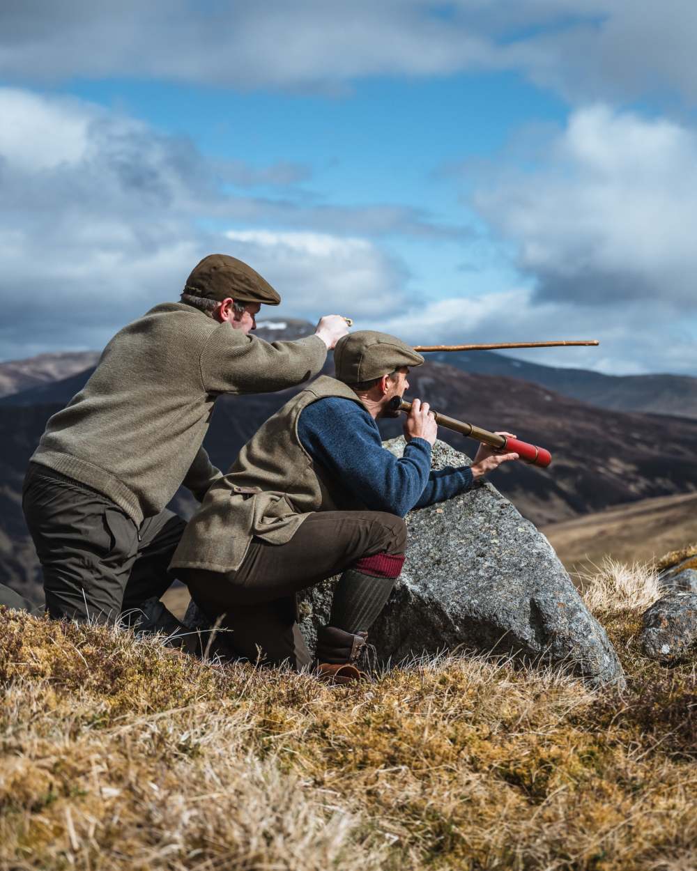 Autumn Bracken Coloured Hoggs of Fife Kinloch Technical Tweed Field Waistcoat on mountain background 