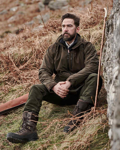 Green Brown Coloured Hoggs of Fife Kinross II Waterproof Field Jacket on mountain background 