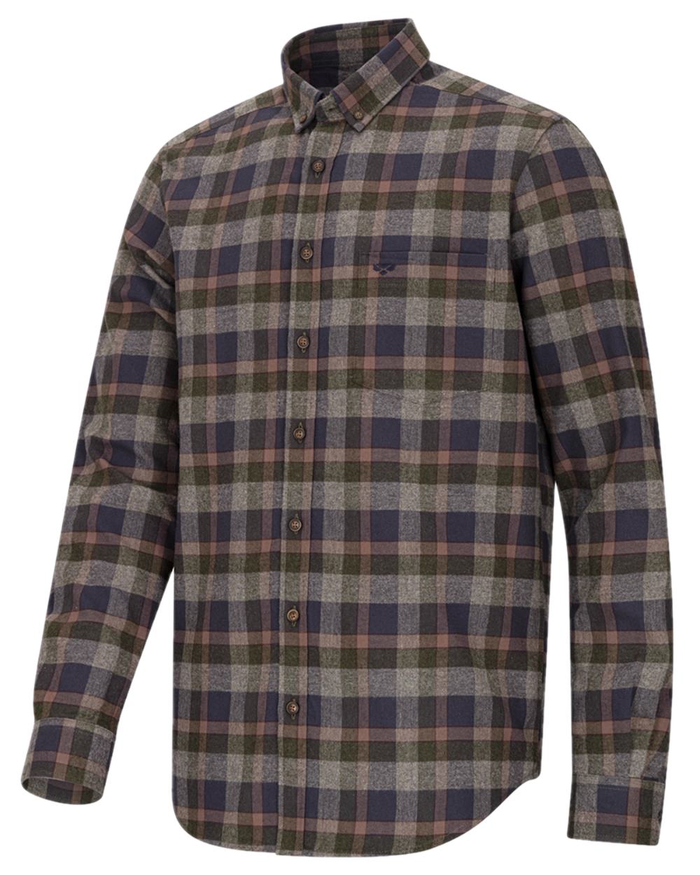 Navy Green Grey Coloured Hoggs of Fife Kirkwall Brushed Flannel Check Shirt on white background 