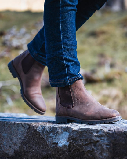 Brown Coloured Hoggs of Fife Ladies Jodhpur Dealer Boots On blurry background 