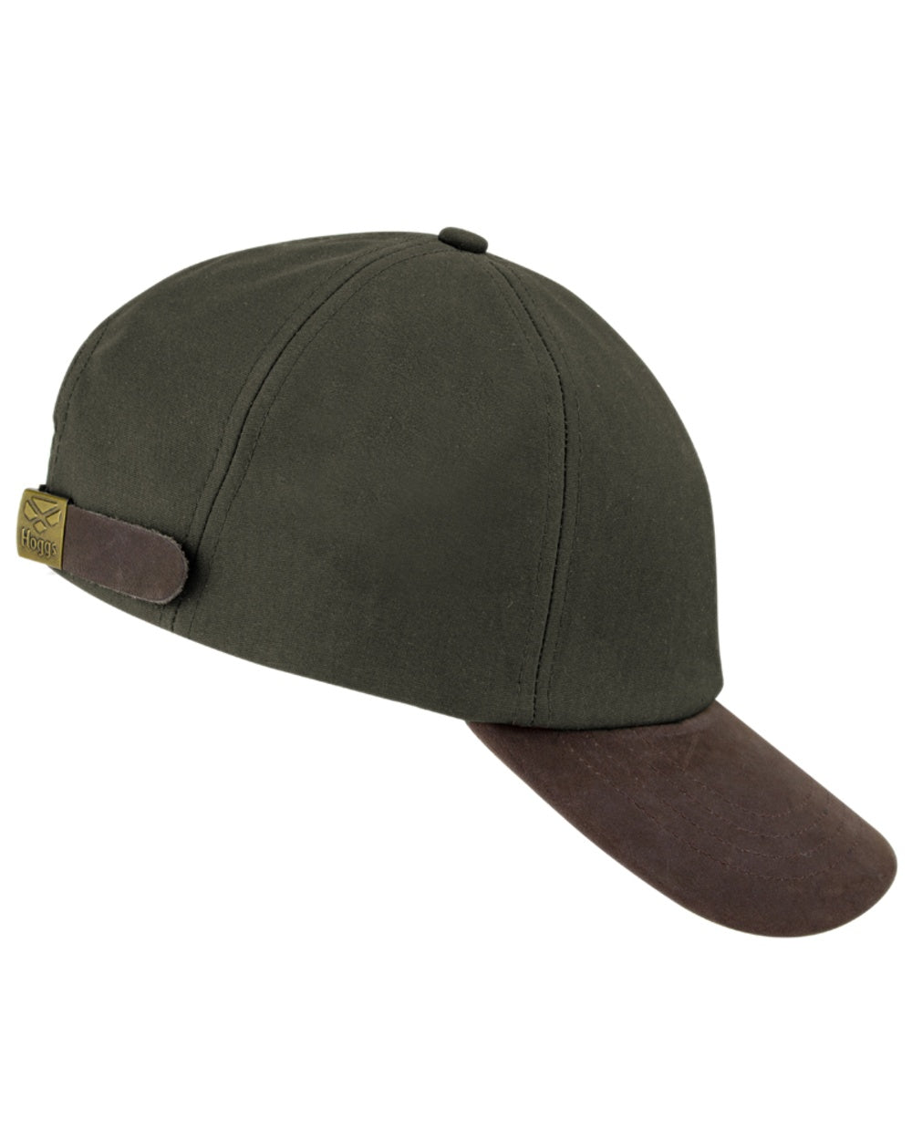 Olive Coloured Hoggs of Fife Leather Peak Waxed Baseball Cap on white background 