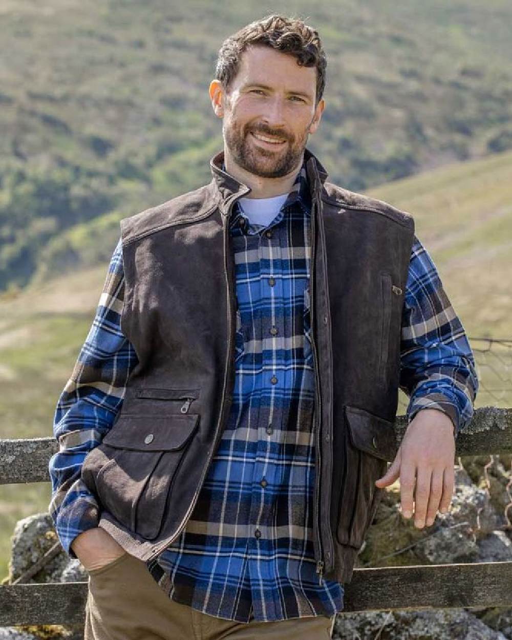 Chocolate Coloured Hoggs of Fife Lomond II Leather Waistcoat on mountain background 