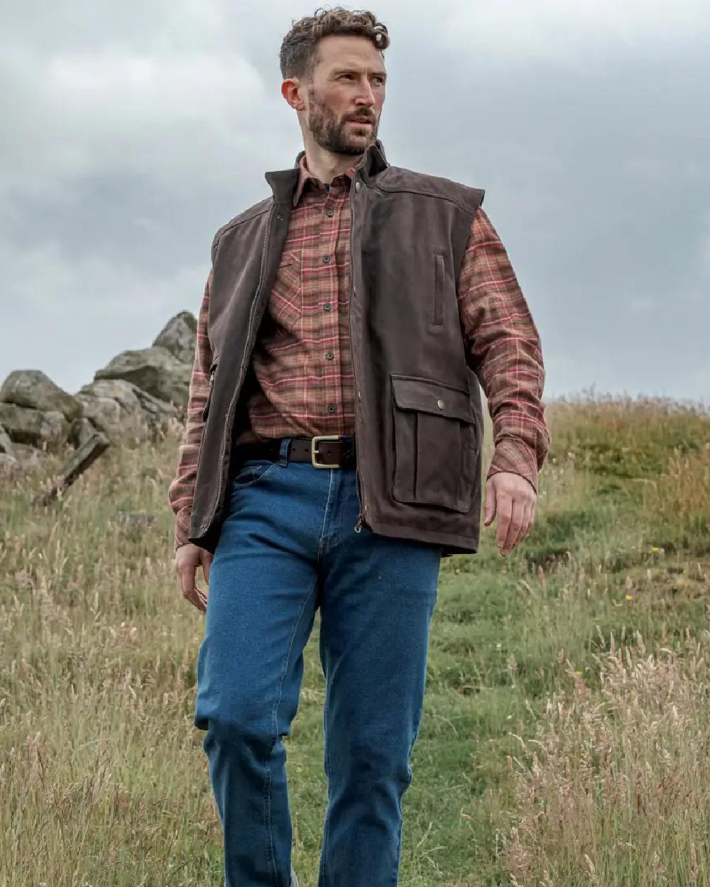 Chocolate Coloured Hoggs of Fife Lomond II Leather Waistcoat on mountain background 