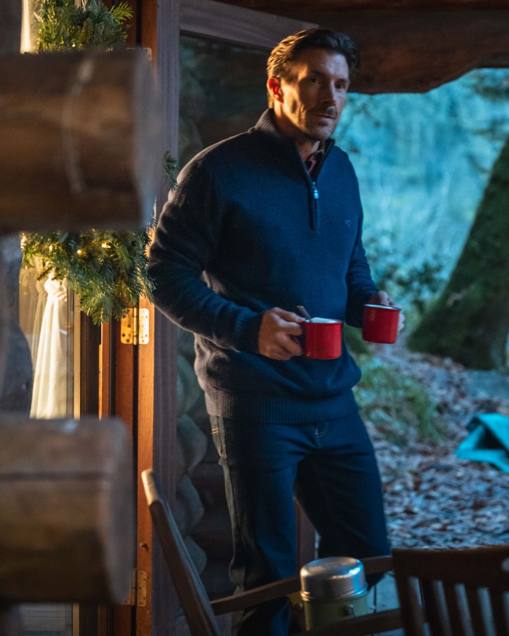 Navy Marl Coloured Hoggs of Fife Lothian II Quarter Zip Pullover on outdoor background 