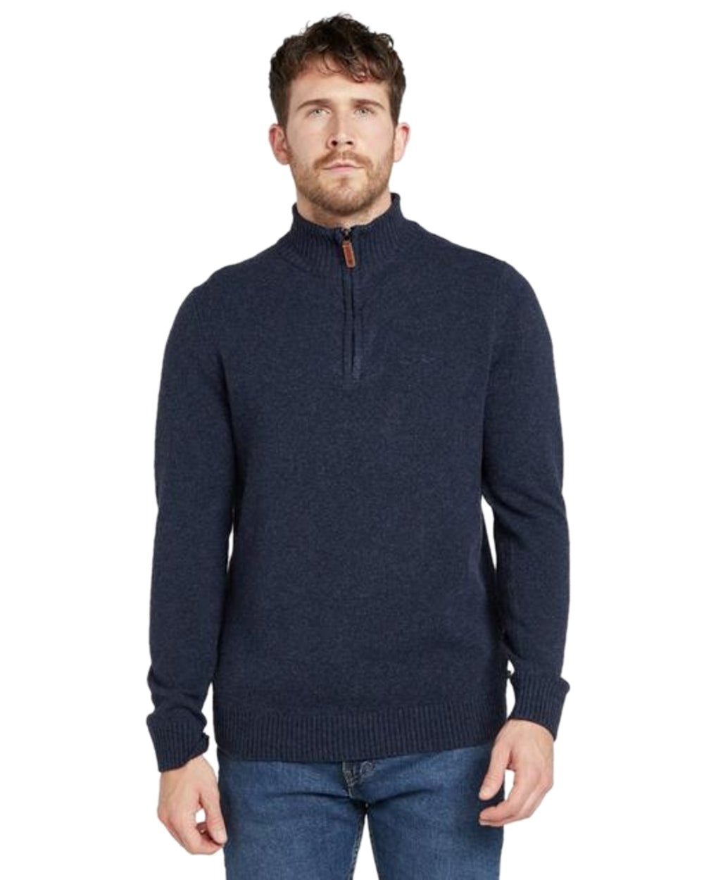 Navy Marl Coloured Hoggs of Fife Lothian II Quarter Zip Pullover on white background 