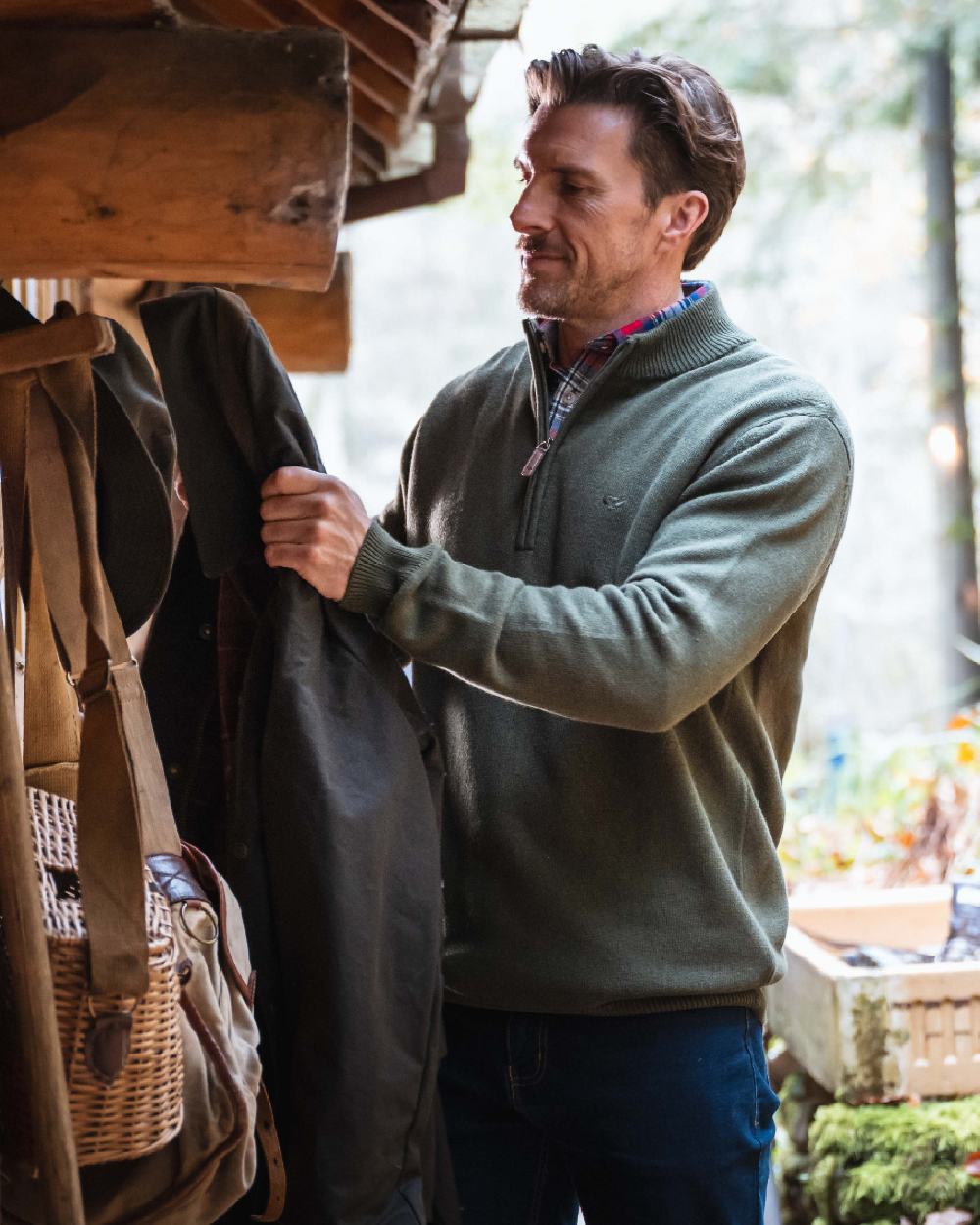 Olive Marl Coloured Hoggs of Fife Lothian II Quarter Zip Pullover on outdoor background 