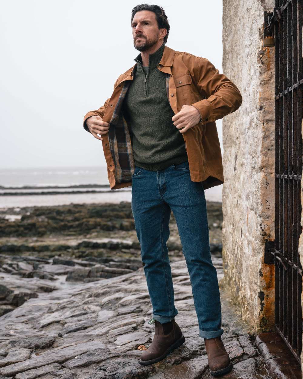 Olive Marl Coloured Hoggs of Fife Lothian II Quarter Zip Pullover on outdoor background 