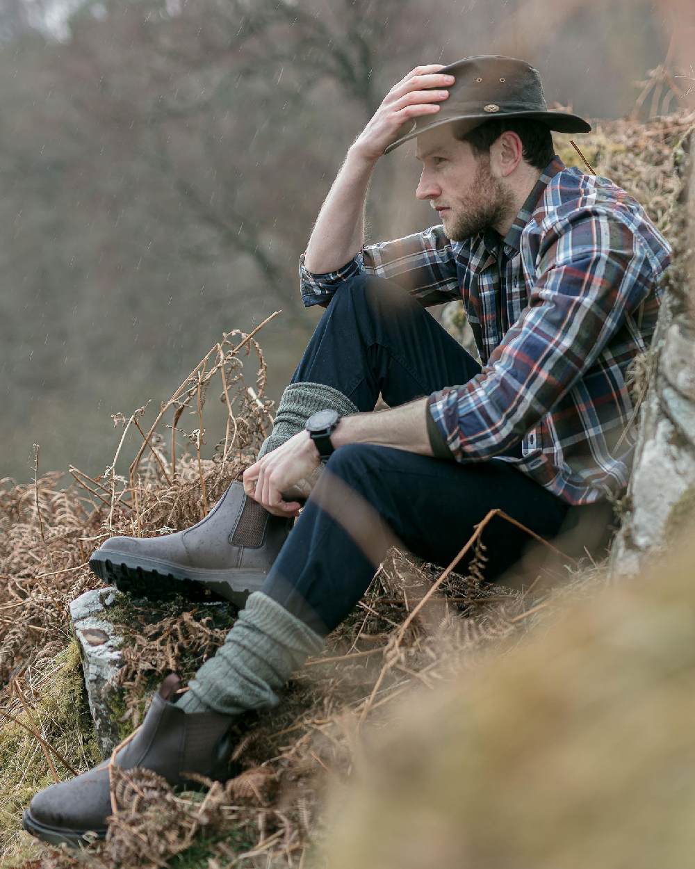 Navy Check Coloured Hoggs of Fife Luthrie Plaid Shirt on forest background 