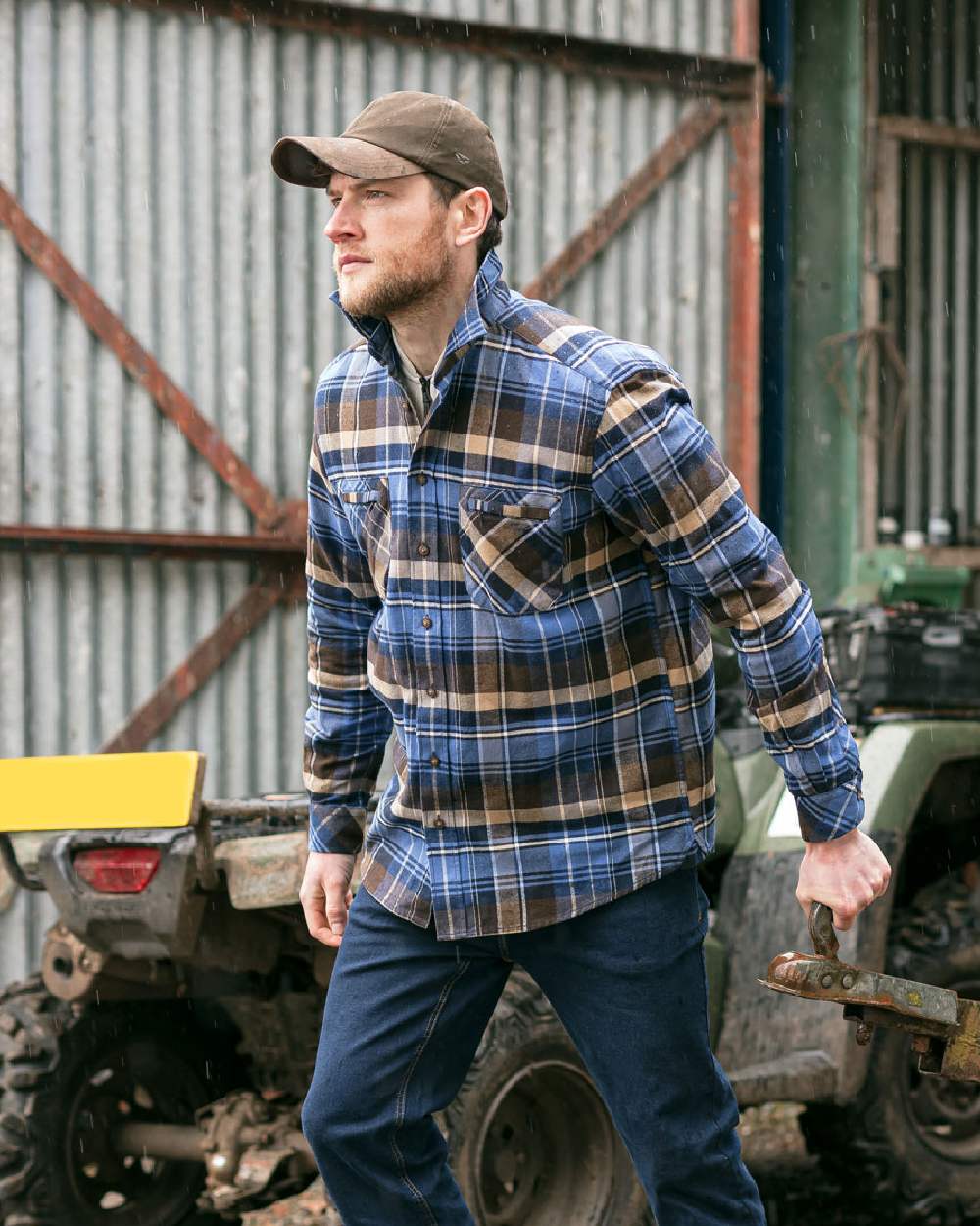 Countrysport Blue Brown Coloured Hoggs of Fife Luxury Cotton Hunting Shirt on tractor background 
