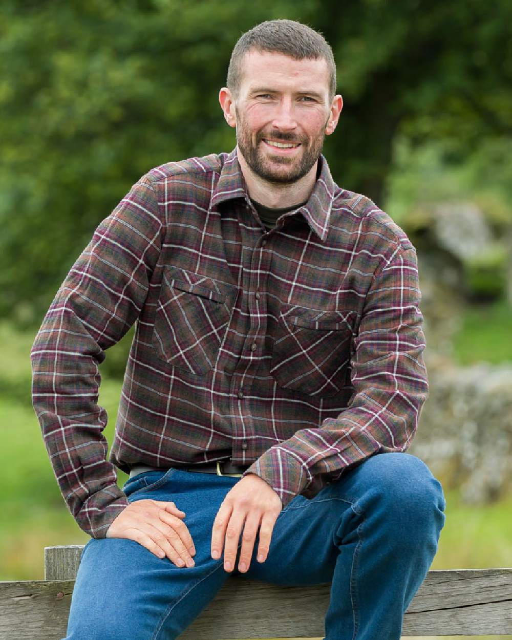 Countrysport Olive Wine Coloured Hoggs of Fife Luxury Cotton Hunting Shirt on forest background 