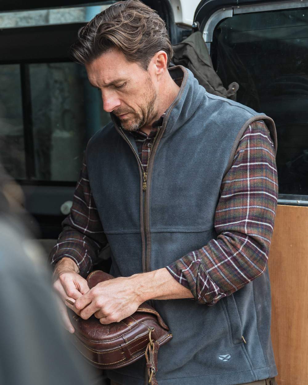 Countrysport Olive Wine Coloured Hoggs of Fife Luxury Cotton Hunting Shirt on car background 