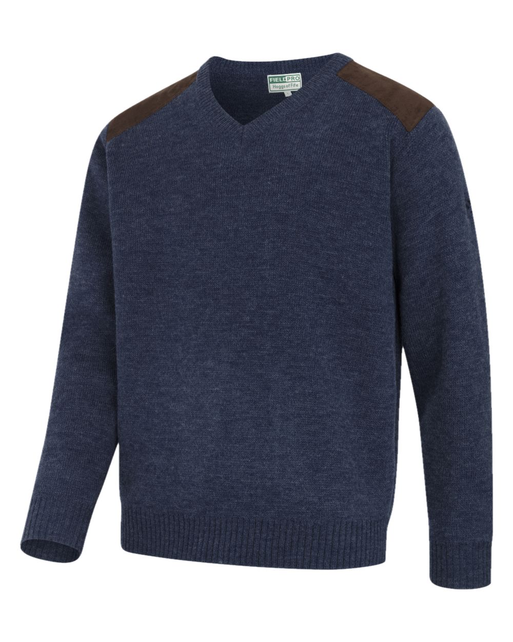 Storm Blue coloured Hoggs of Fife Melrose II V Neck Pullover on white background 