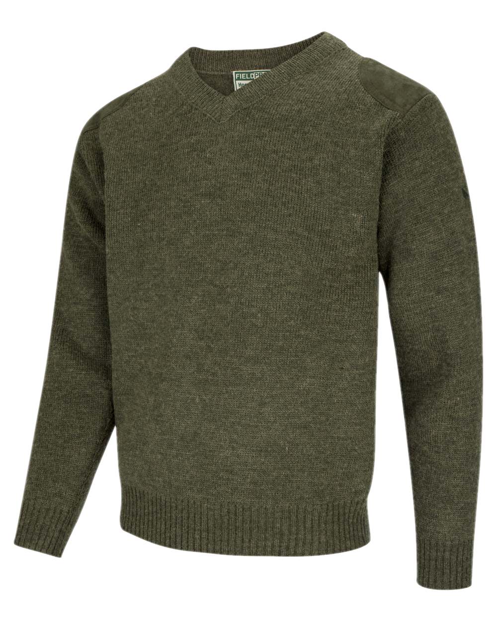 Loden Coloured Hoggs of Fife Melrose V-Neck Hunting Pullover on white background 