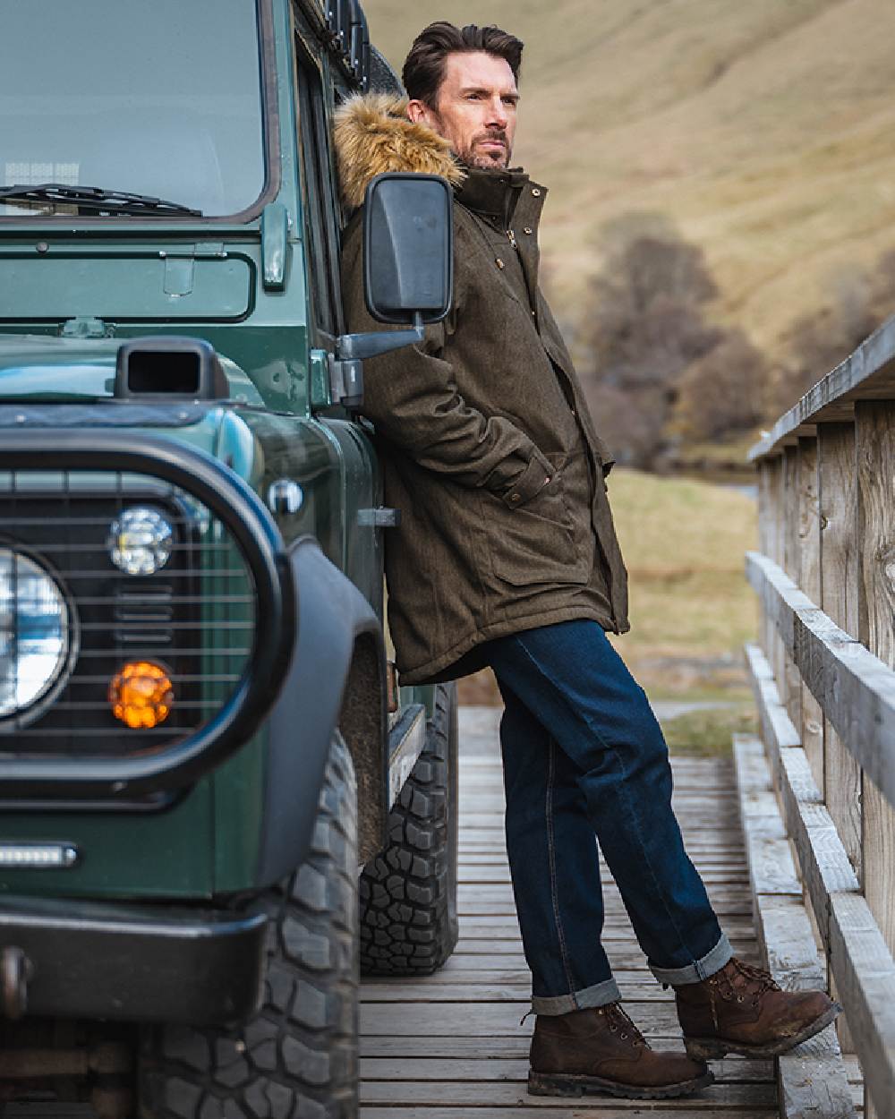 Forest Green coloured Hoggs of Fife Mens Argyll II Jacket on car background 