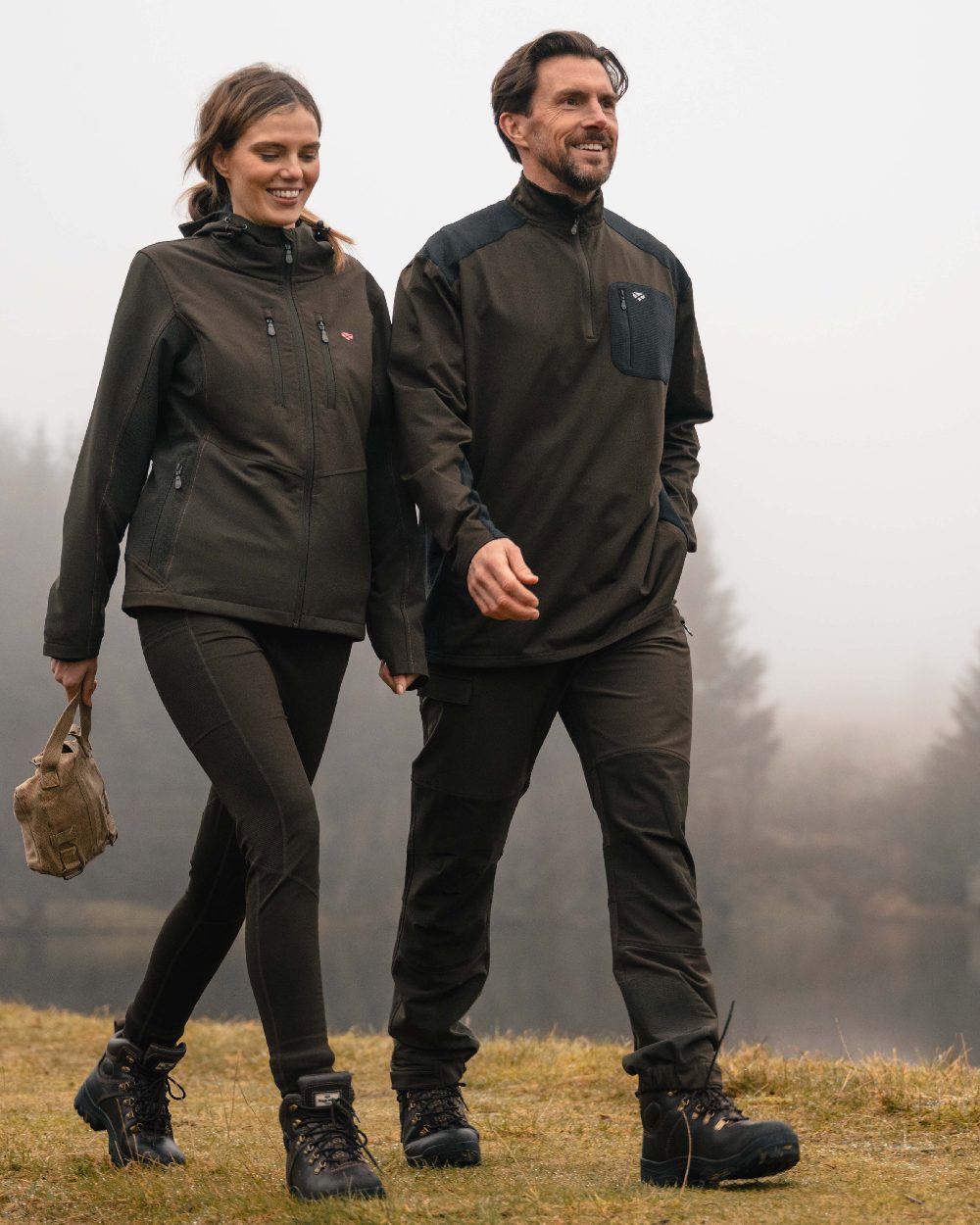 Green Black coloured Hoggs of Fife Mens Barra Active Quarter Zip Top on outdoor background 