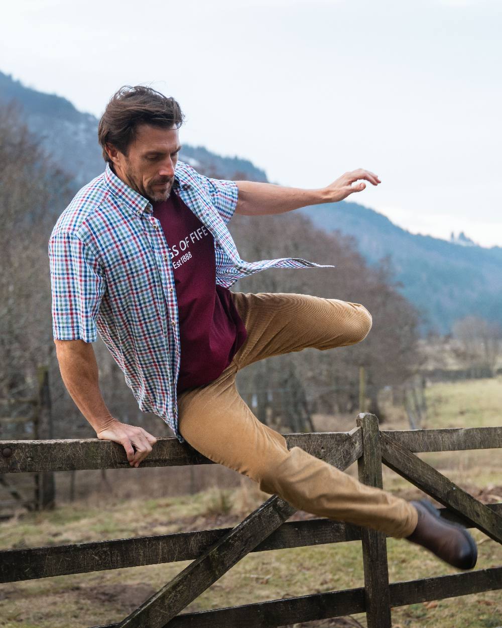 Burgundy Coloured Hoggs of Fife Mens Canonbie Printed T-Shirt on mountain background 