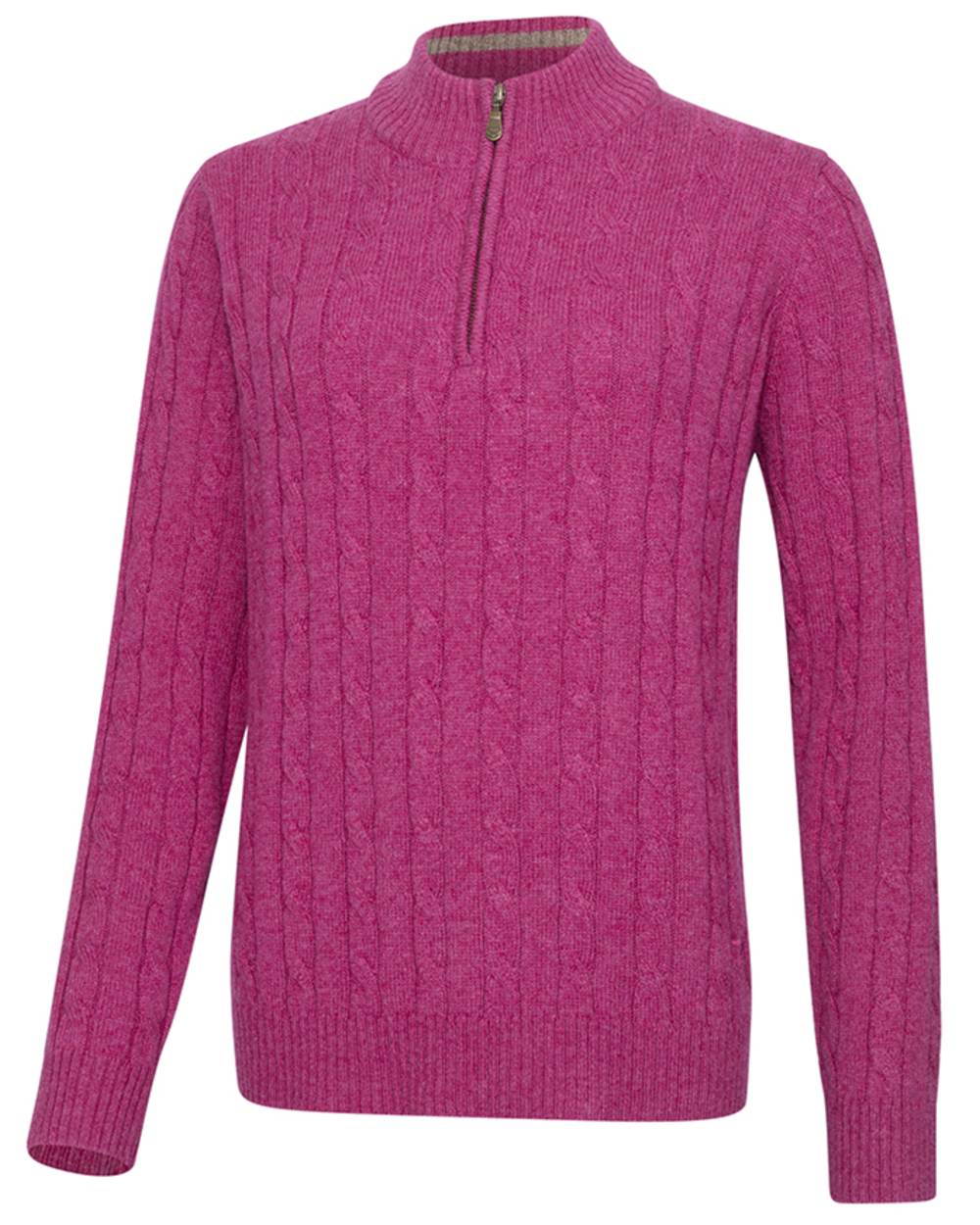 Heather Pink coloured Hoggs of Fife Mens Charlotte Cable Quarter Zip Pullover on white background 
