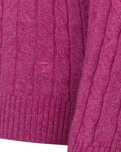 Heather Pink coloured Hoggs of Fife Mens Charlotte Cable Quarter Zip Pullover on white background 