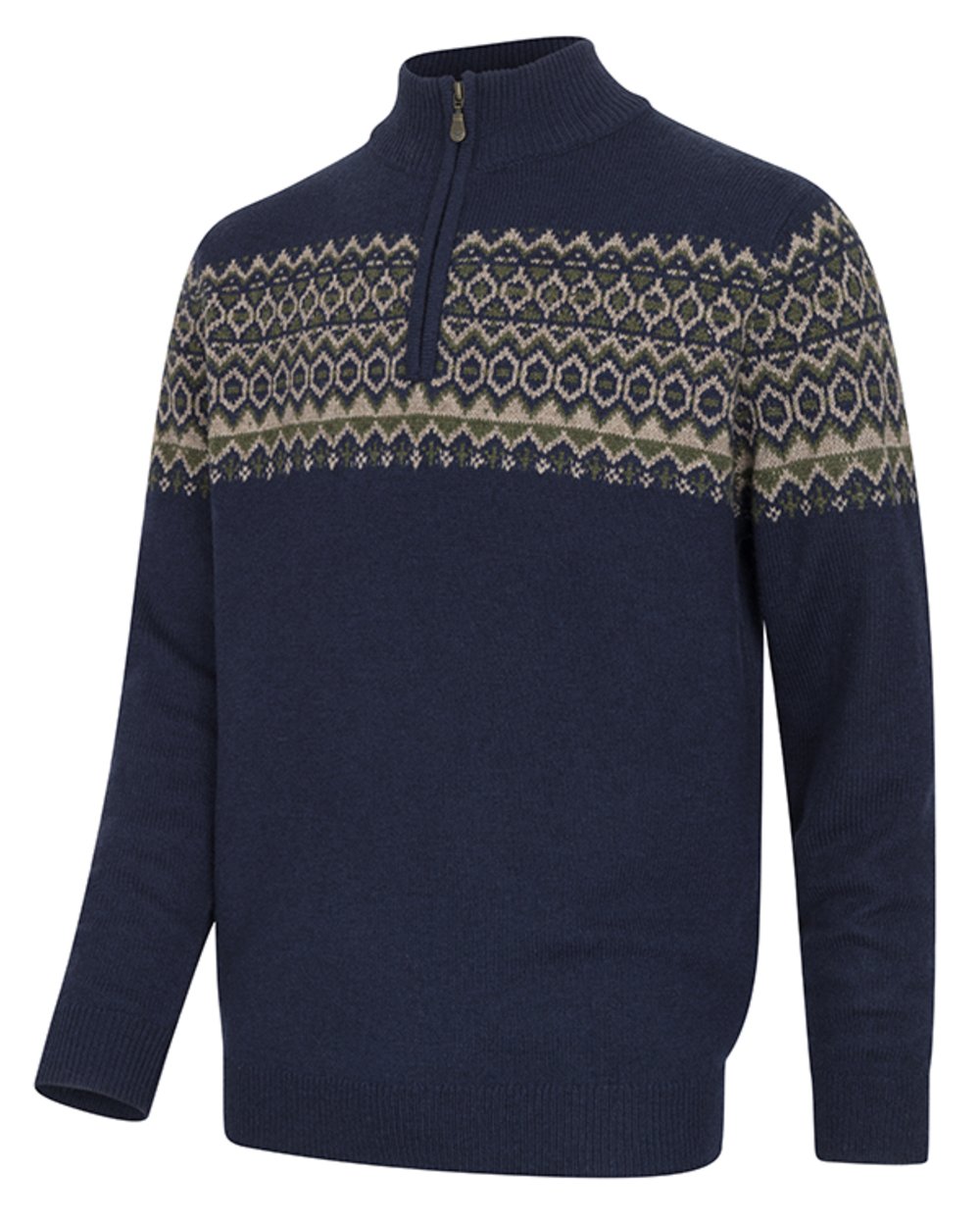 Navy coloured Hoggs of Fife Mens Colonsay Fair Isle Quarter Zip Pullover on white background 