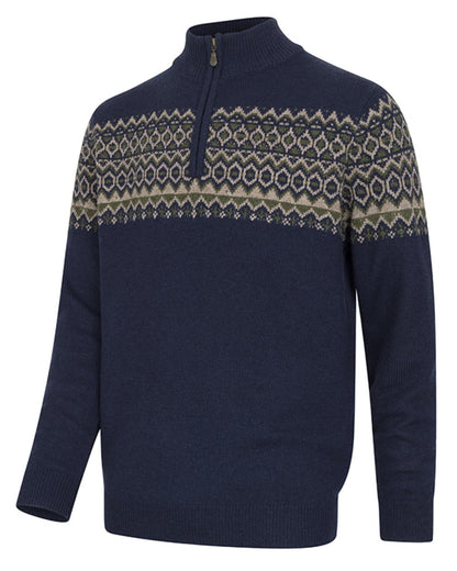 Navy coloured Hoggs of Fife Mens Colonsay Fair Isle Quarter Zip Pullover on white background 