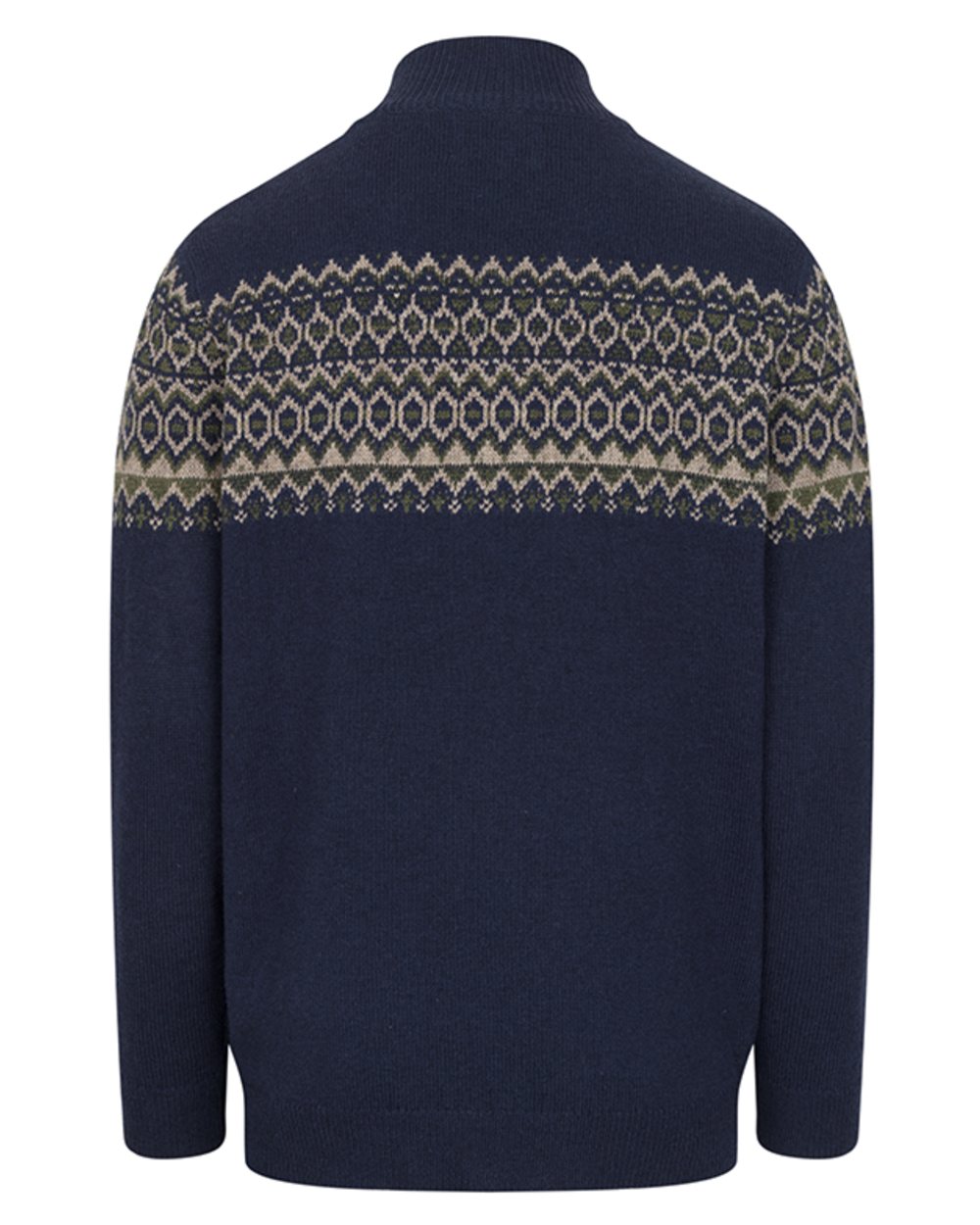 Navy coloured Hoggs of Fife Mens Colonsay Fair Isle Quarter Zip Pullover on white background 