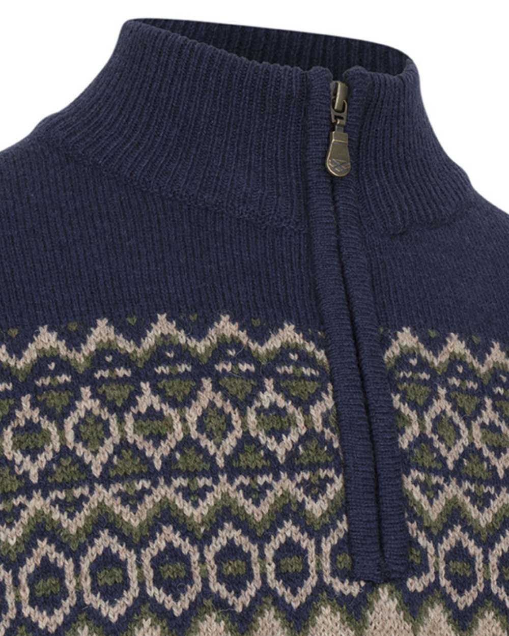 Navy coloured Hoggs of Fife Mens Colonsay Fair Isle Quarter Zip Pullover on white background 
