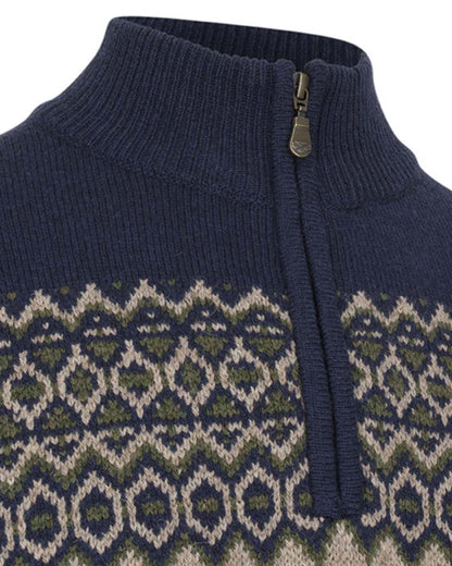Navy coloured Hoggs of Fife Mens Colonsay Fair Isle Quarter Zip Pullover on white background 