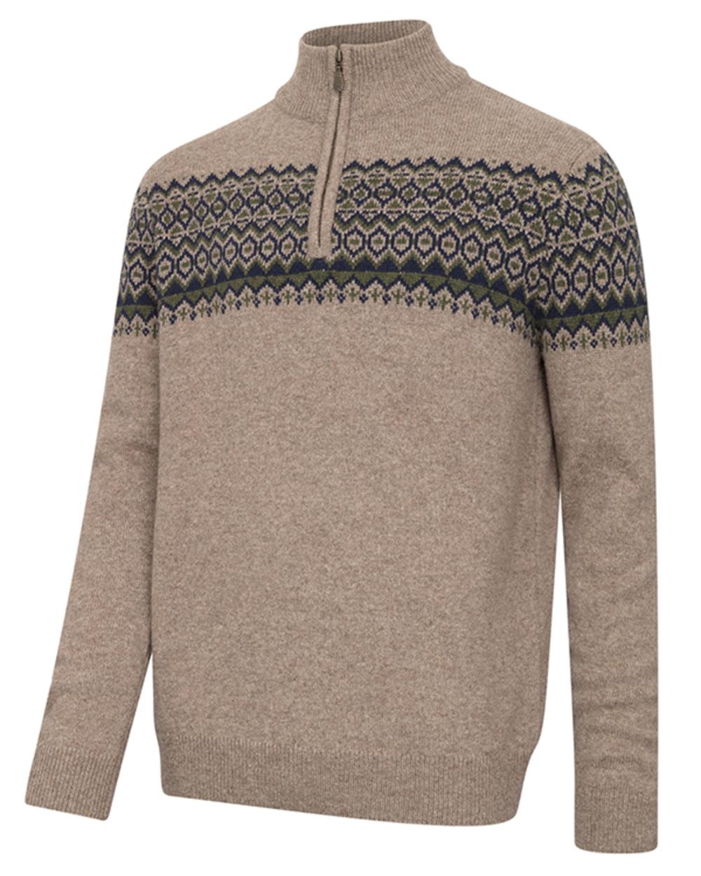 Oatmeal coloured Hoggs of Fife Mens Colonsay Fair Isle Quarter Zip Pullover on white background 