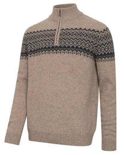 Oatmeal coloured Hoggs of Fife Mens Colonsay Fair Isle Quarter Zip Pullover on white background 