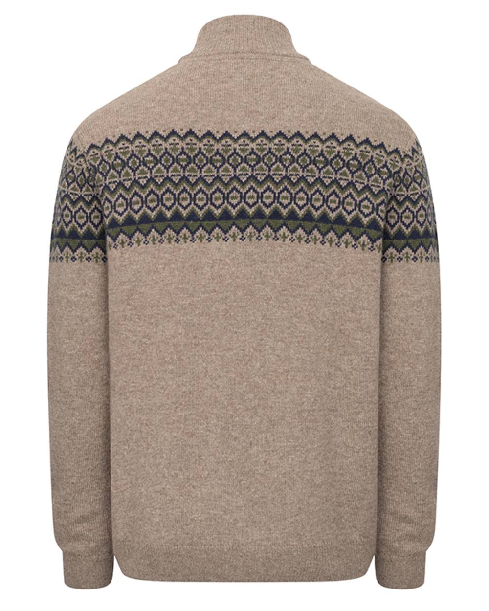 Oatmeal coloured Hoggs of Fife Mens Colonsay Fair Isle Quarter Zip Pullover on white background 