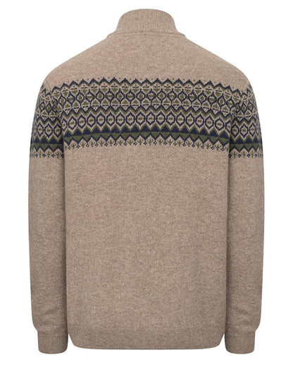 Oatmeal coloured Hoggs of Fife Mens Colonsay Fair Isle Quarter Zip Pullover on white background 
