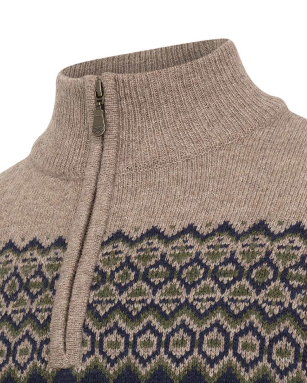Oatmeal coloured Hoggs of Fife Mens Colonsay Fair Isle Quarter Zip Pullover on white background 