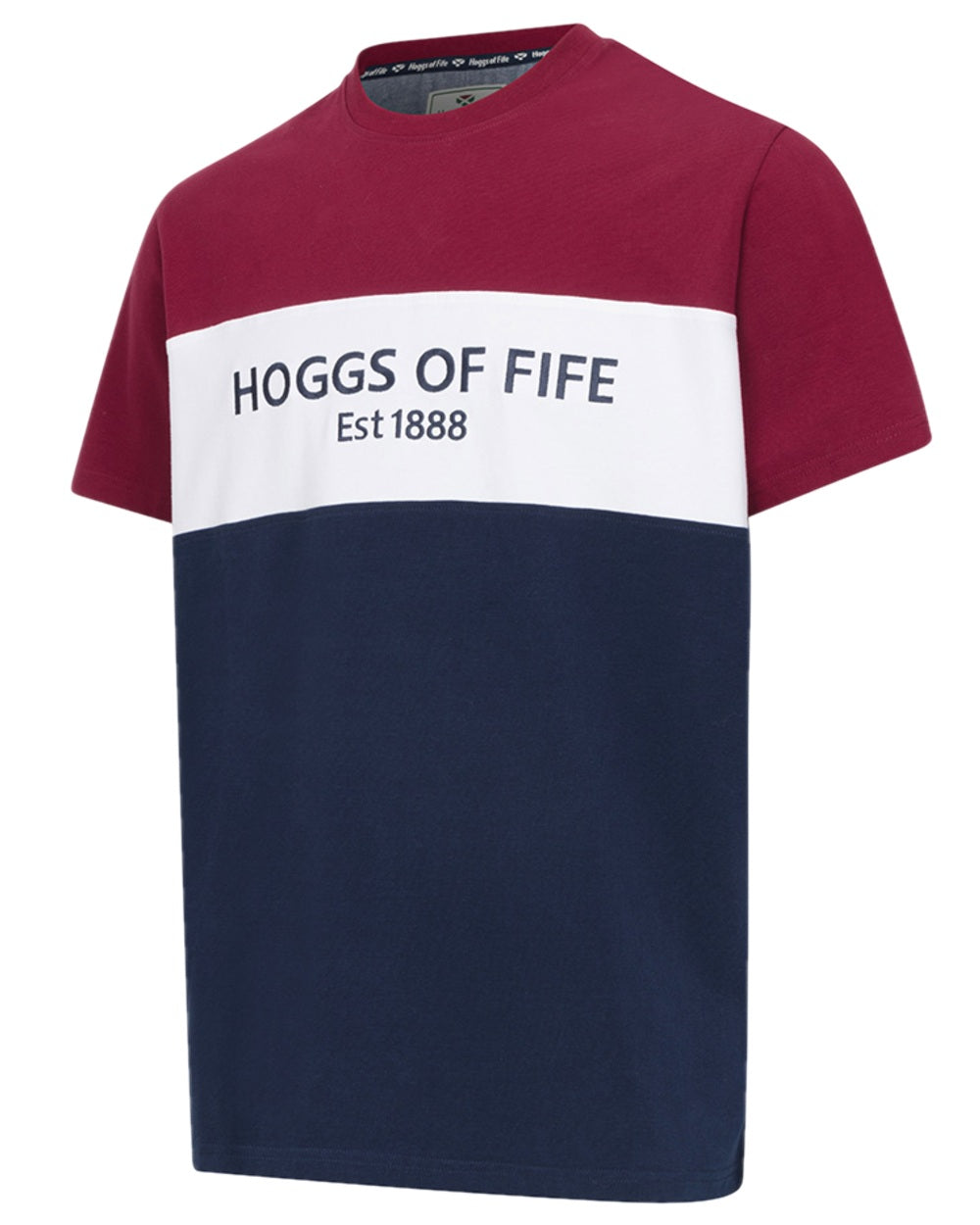 Burgundy White Navy Coloured Hoggs of Fife Mens Dalbeattie Colour Block T-Shirt on white background 
