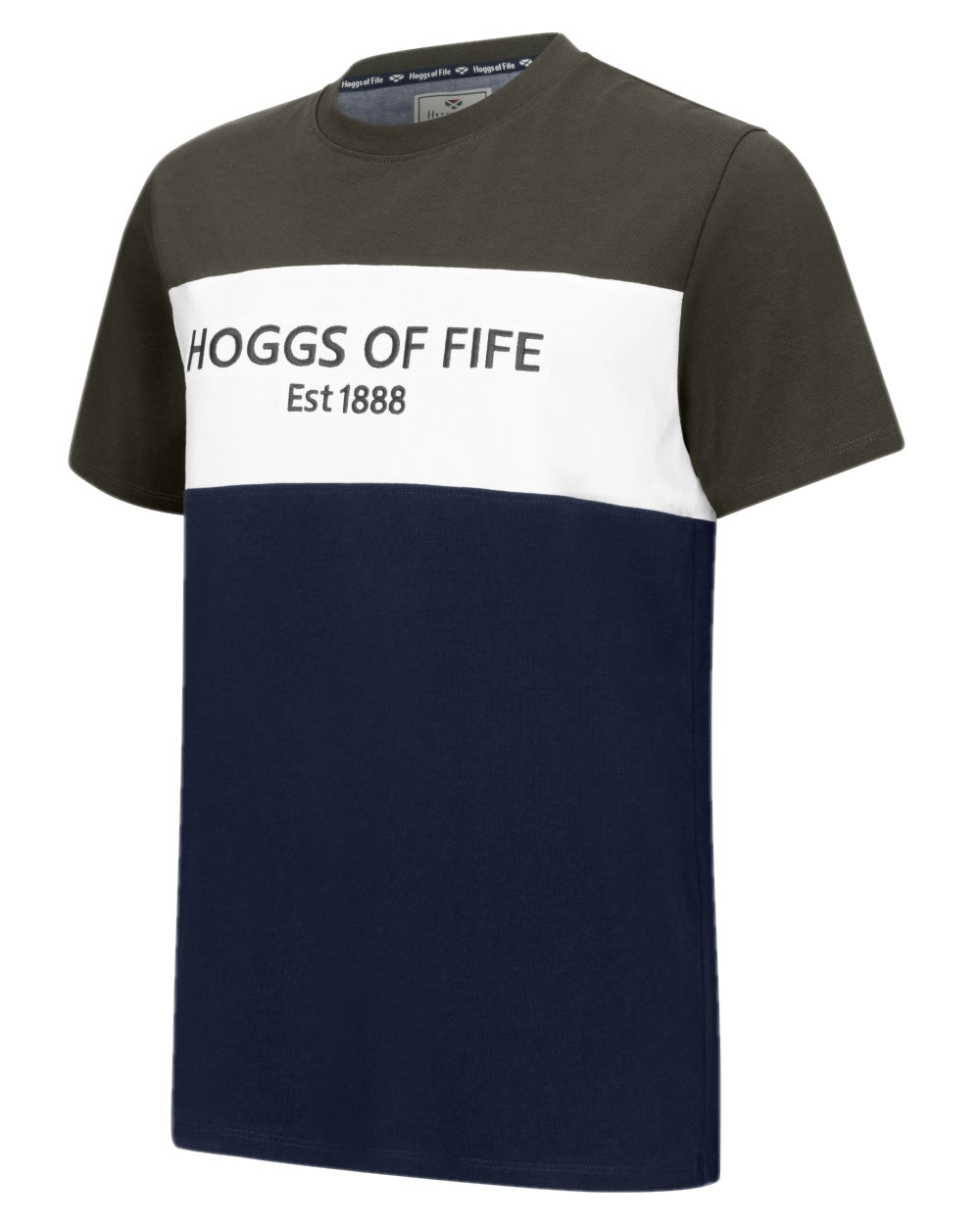 Forest White Navy Coloured Hoggs of Fife Mens Dalbeattie Colour Block T-Shirt on white background 
