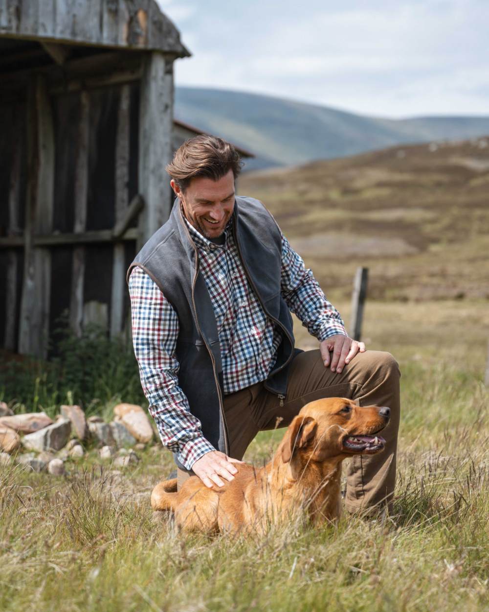Navy Red Olive Coloured Hoggs of Fife Mens Douglas Twill Shirt on outdoor background 