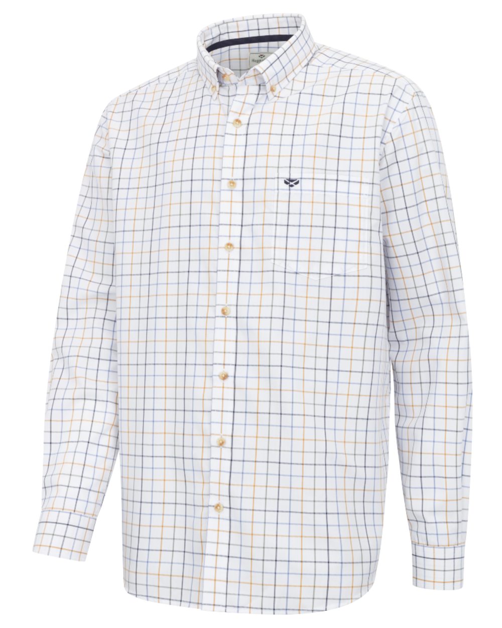 Blue Green Gold coloured Hoggs of Fife Mens Fernie Bamboo Shirt on white background 